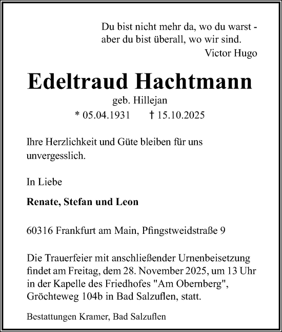 Anzeige  Edeltraud Hachtmann  Lippische Landes-Zeitung