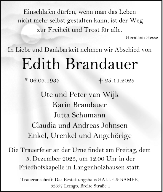 Anzeige  Edith Brandauer  Lippische Landes-Zeitung