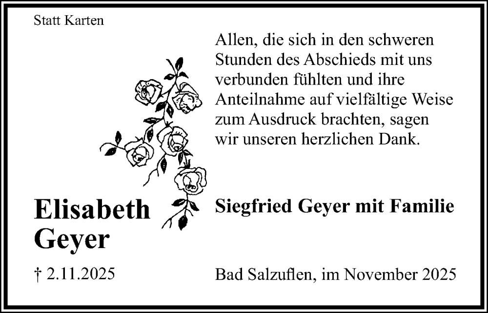 Traueranzeige für Elisabeth Geyer vom 15.11.2025 aus Lippische Landes-Zeitung