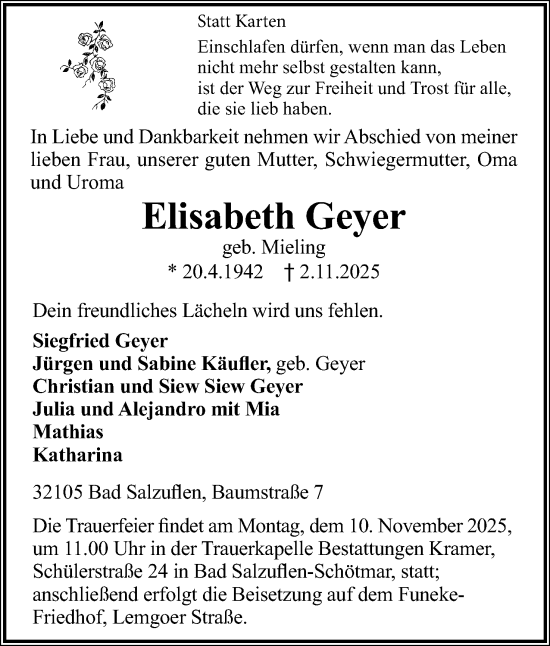 Anzeige  Elisabeth Geyer  Lippische Landes-Zeitung