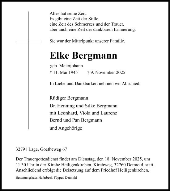 Anzeige  Elke Bergmann  Lippische Landes-Zeitung