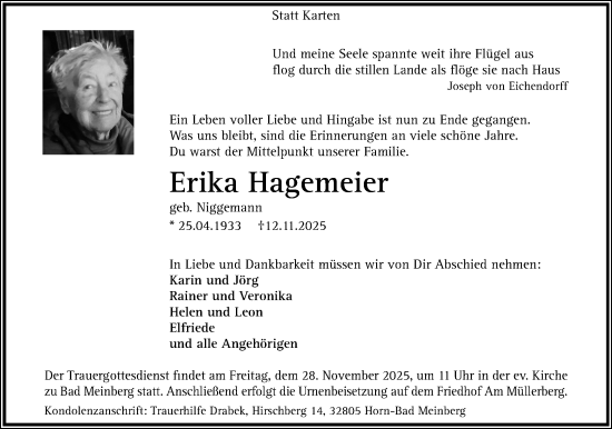 Anzeige  Erika Hagemeier  Lippische Landes-Zeitung
