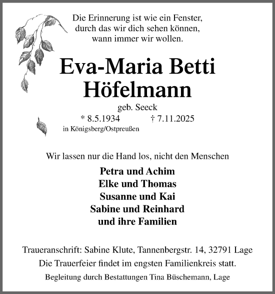Anzeige  Eva-Maria Betti Höfelmann  Lippische Landes-Zeitung