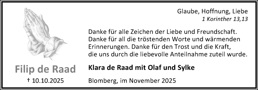  Traueranzeige für Filip de Raad vom 08.11.2025 aus Lippische Landes-Zeitung