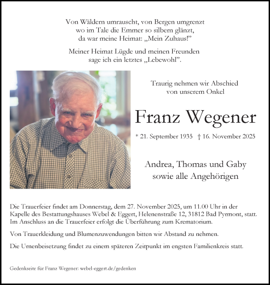 Anzeige  Franz Wegener  Lippische Landes-Zeitung