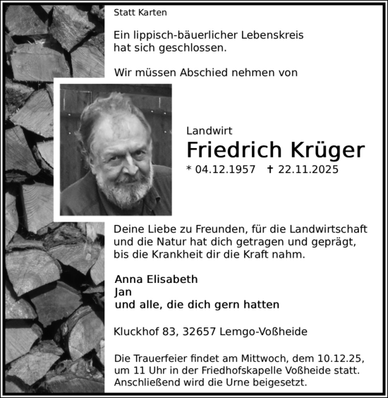 Anzeige  Friedrich Krüger  Lippische Landes-Zeitung