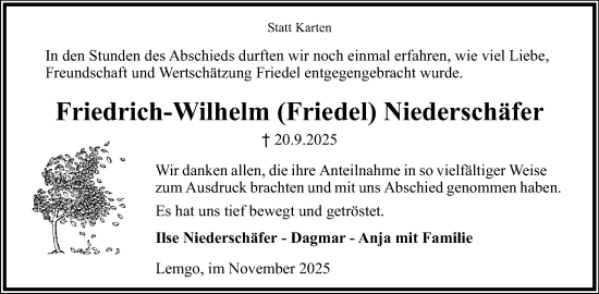 Anzeige  Friedrich-Wilhelm Niederschäfer  Lippische Landes-Zeitung