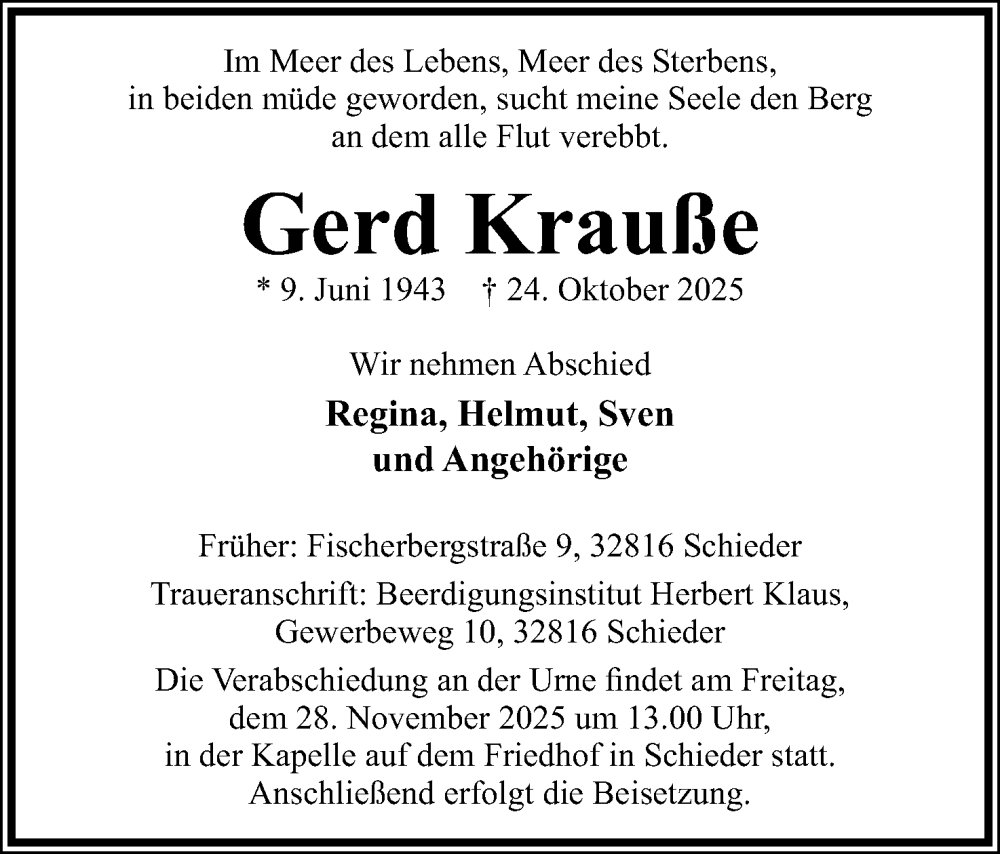  Traueranzeige für Gerd Krauße vom 22.11.2025 aus Lippische Landes-Zeitung