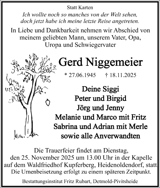 Anzeige  Gerd Niggemeier  Lippische Landes-Zeitung