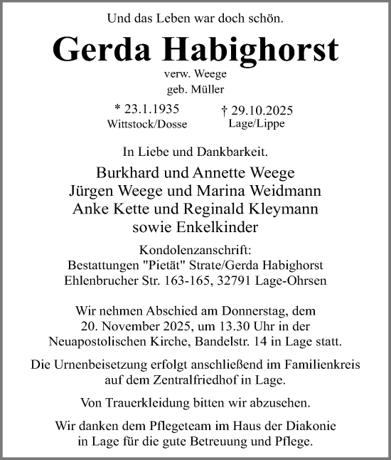 Anzeige  Gerda Habighorst  Lippische Landes-Zeitung