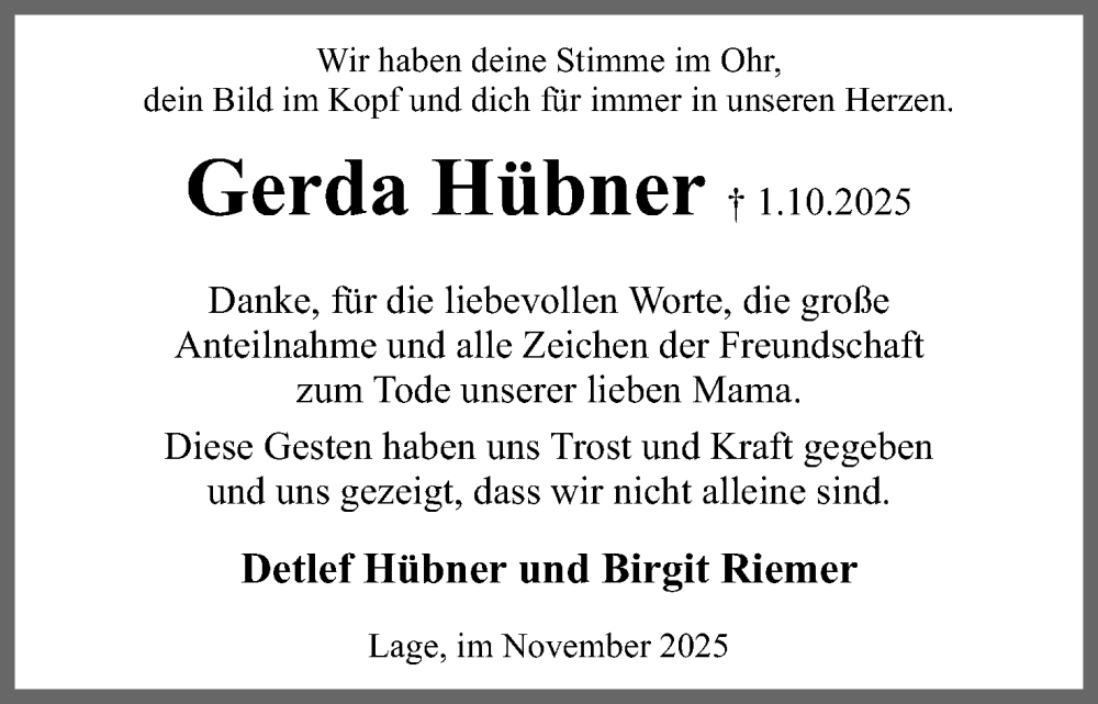  Traueranzeige für Gerda Hübner vom 22.11.2025 aus Lippische Landes-Zeitung