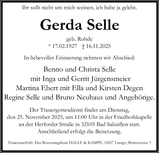 Anzeige  Gerda Selle  Lippische Landes-Zeitung
