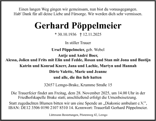 Anzeige  Gerhard Pöppelmeier  Lippische Landes-Zeitung