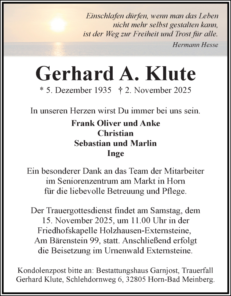  Traueranzeige für Gerhard A. Klute vom 08.11.2025 aus Lippische Landes-Zeitung