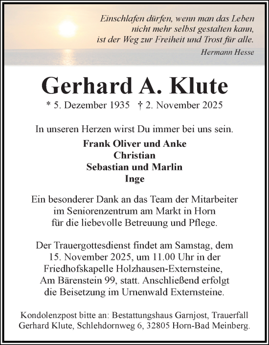Anzeige  Gerhard A. Klute  Lippische Landes-Zeitung