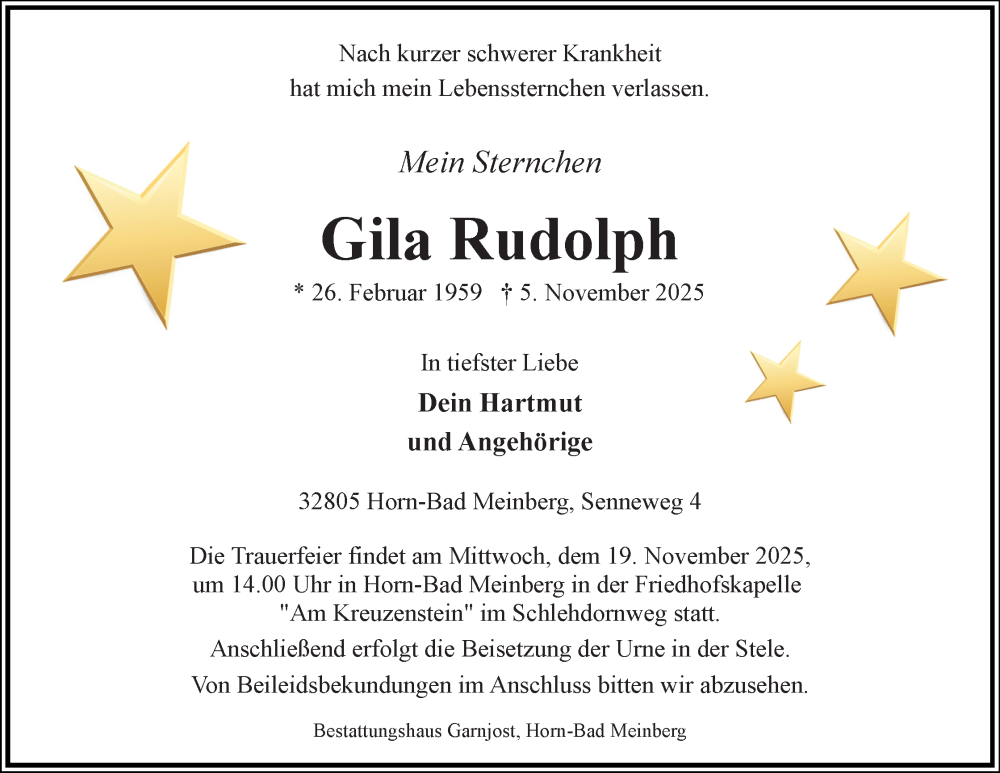  Traueranzeige für Gila Rudolph vom 15.11.2025 aus Lippische Landes-Zeitung