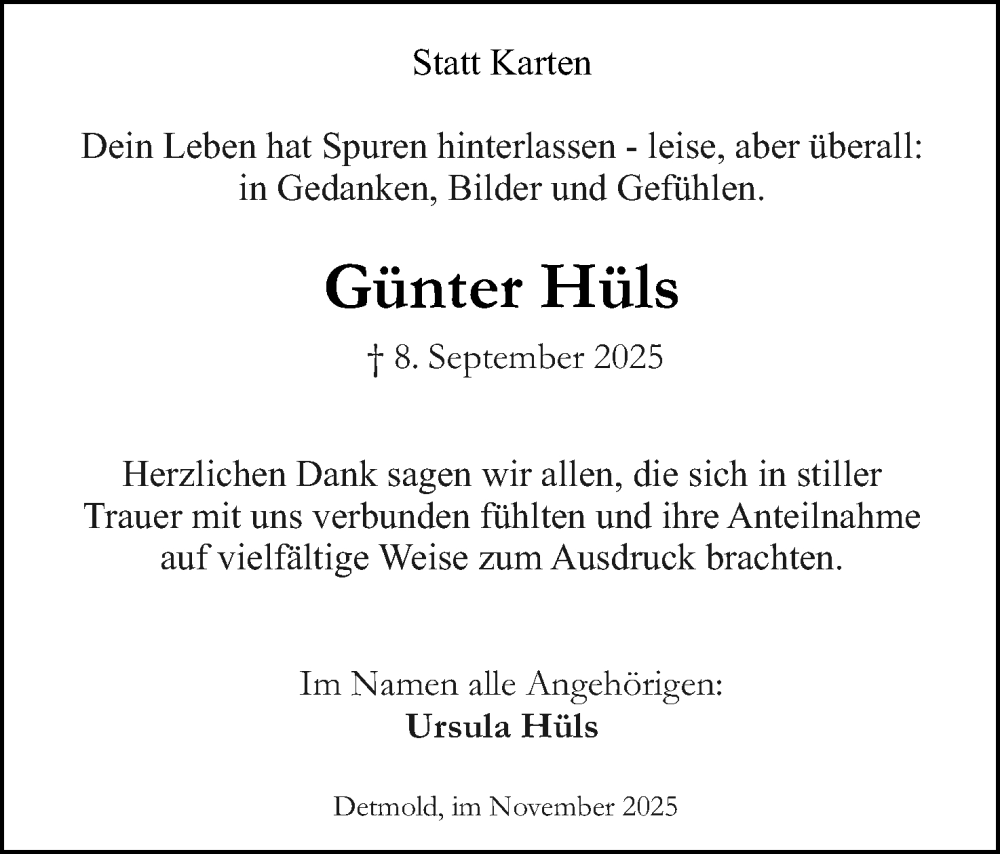  Traueranzeige für Günter Hüls vom 15.11.2025 aus Lippische Landes-Zeitung