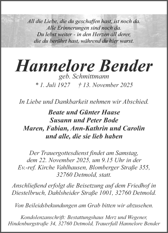 Anzeige  Hannelore Bender  Lippische Landes-Zeitung