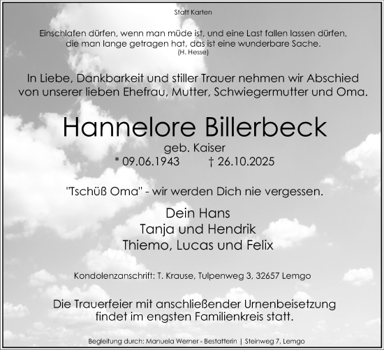 Anzeige  Hannelore Billerbeck  Lippische Landes-Zeitung