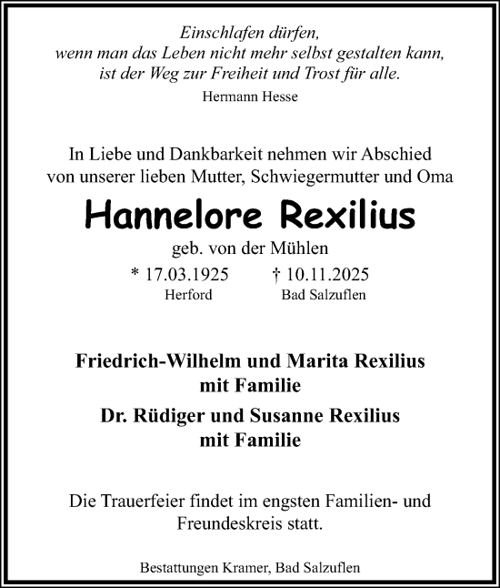 Anzeige  Hannelore Rexilius  Lippische Landes-Zeitung