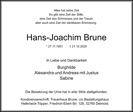 Anzeige  Hans-Joachim Brune  Lippische Landes-Zeitung