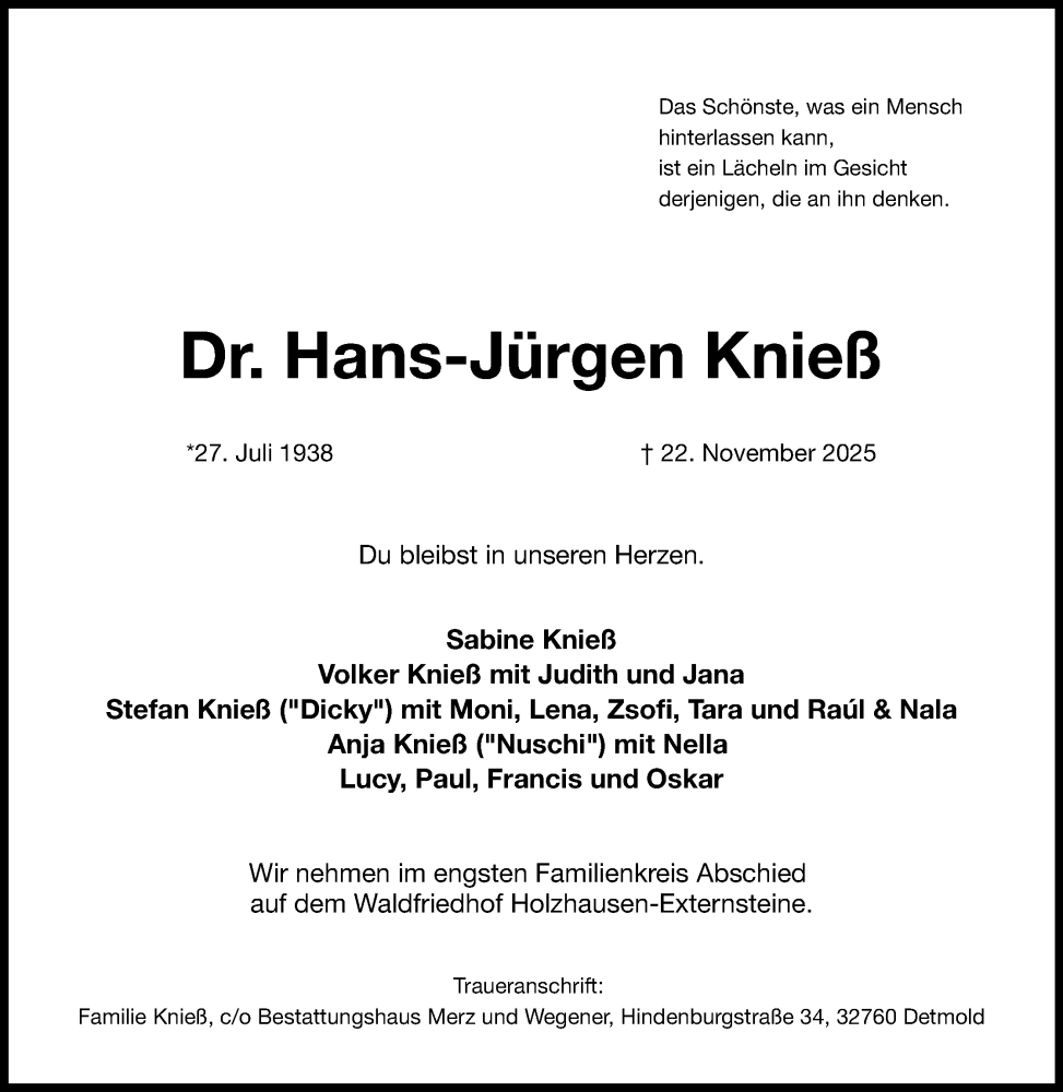  Traueranzeige für Hans-Jürgen Knieß vom 29.11.2025 aus Lippische Landes-Zeitung