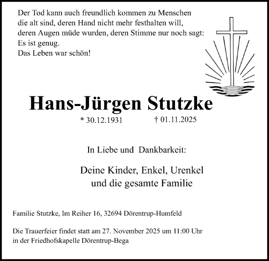 Anzeige  Hans-Jürgen Stutzke  Lippische Landes-Zeitung