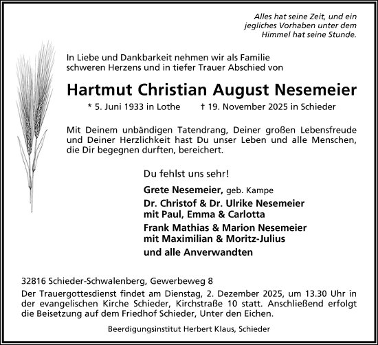 Anzeige  Hartmut Christian August Nesemeier  Lippische Landes-Zeitung