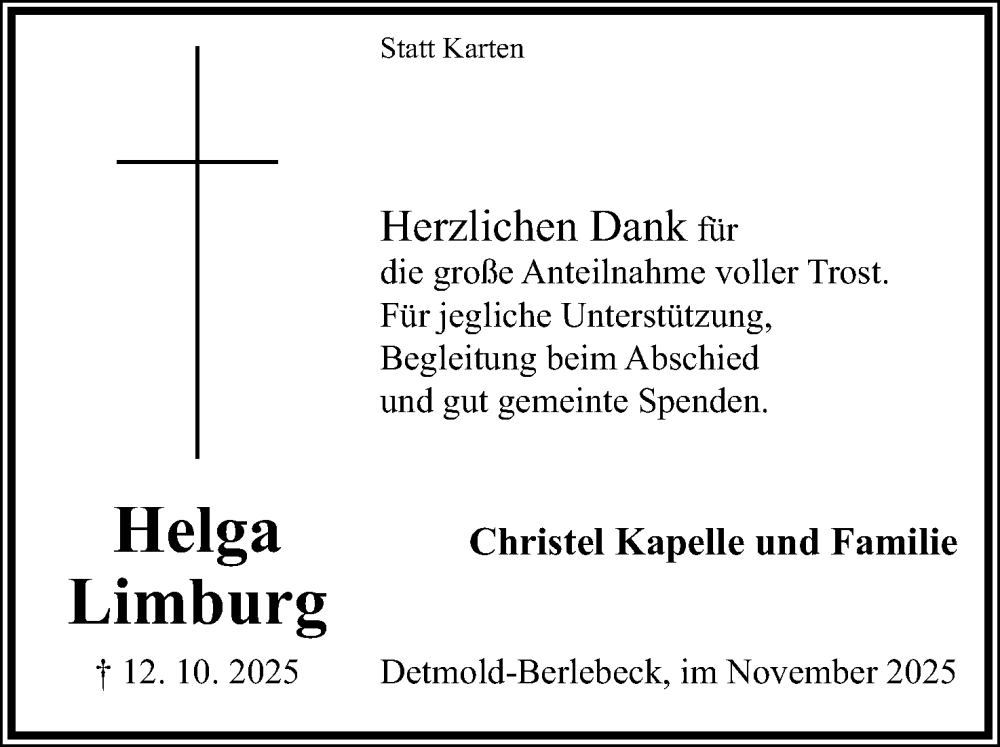  Traueranzeige für Helga Limburg vom 29.11.2025 aus Lippische Landes-Zeitung