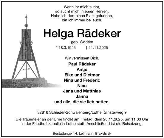 Anzeige  Helga Rädeker  Lippische Landes-Zeitung