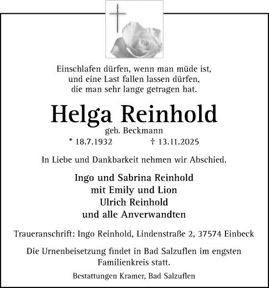 Anzeige  Helga Reinhold  Lippische Landes-Zeitung