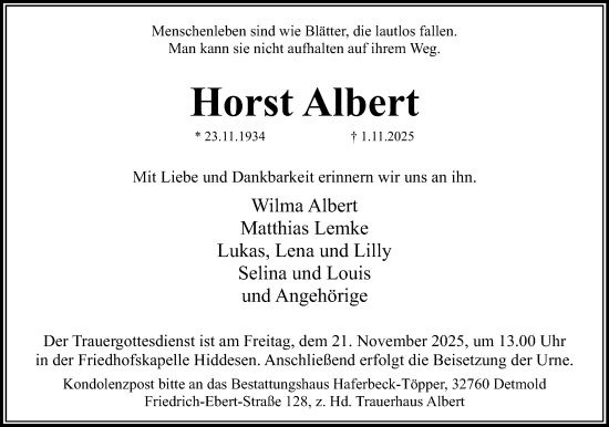 Anzeige  Horst Albert  Lippische Landes-Zeitung