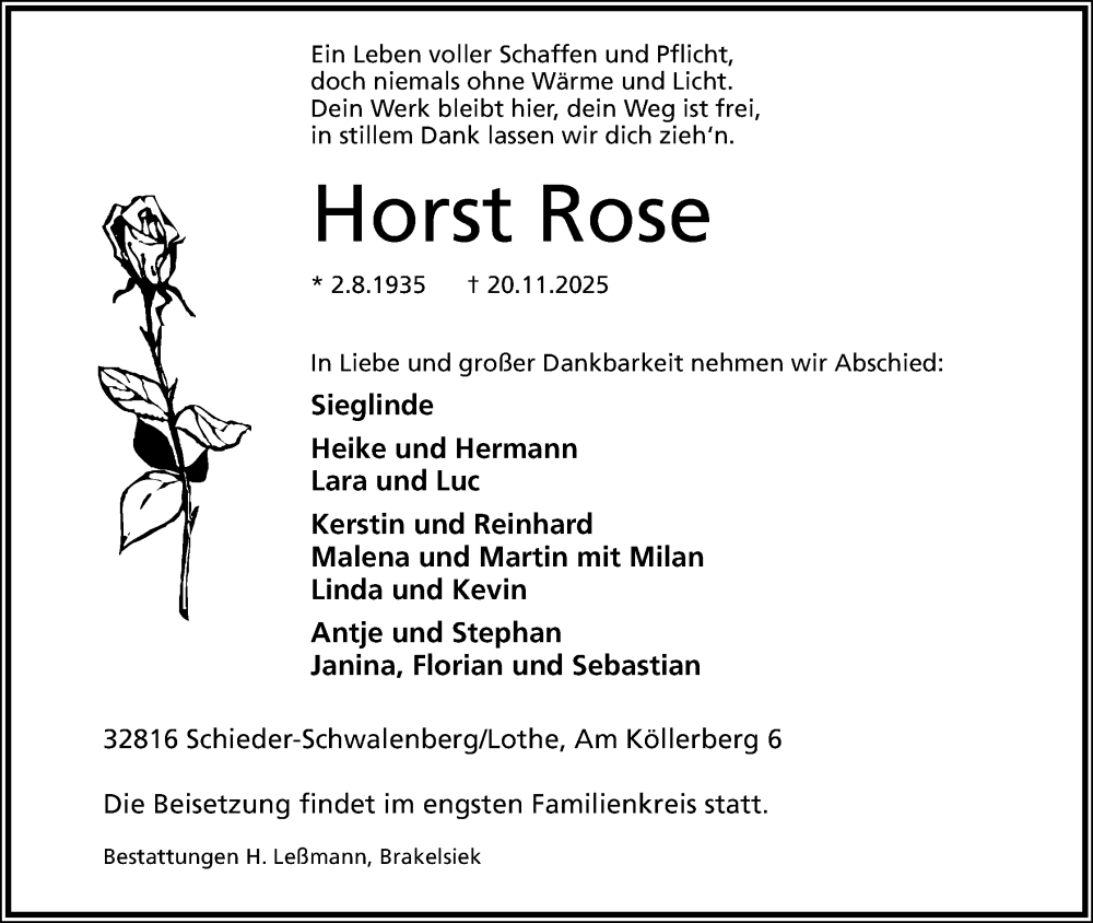  Traueranzeige für Horst Rose vom 29.11.2025 aus Lippische Landes-Zeitung