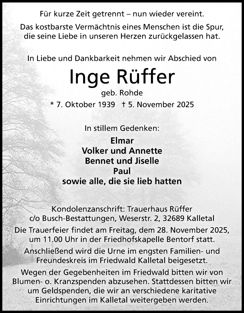  Traueranzeige für Inge Rüffer vom 15.11.2025 aus Lippische Landes-Zeitung