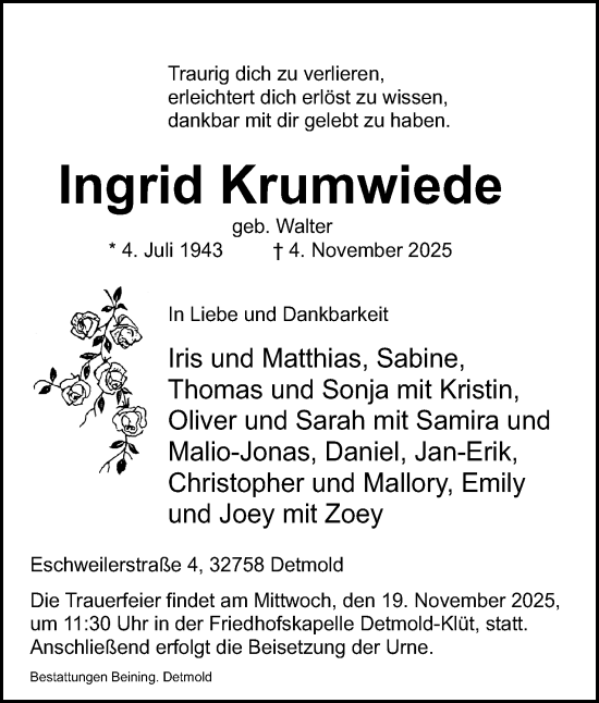 Anzeige  Ingrid Krumwiede  Lippische Landes-Zeitung