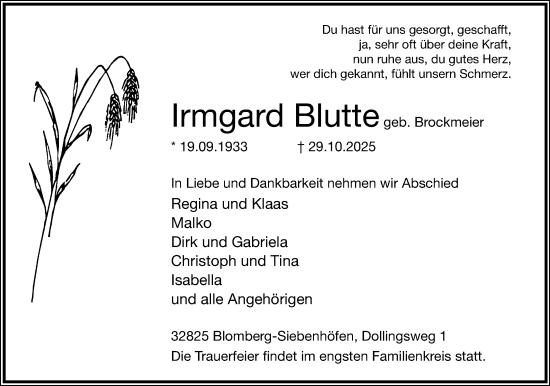 Anzeige  Irmgard Blutte  Lippische Landes-Zeitung