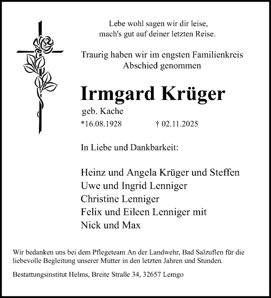Anzeige  Irmgard Krüger  Lippische Landes-Zeitung