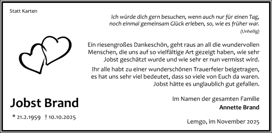 Anzeige  Jobst Brand  Lippische Landes-Zeitung