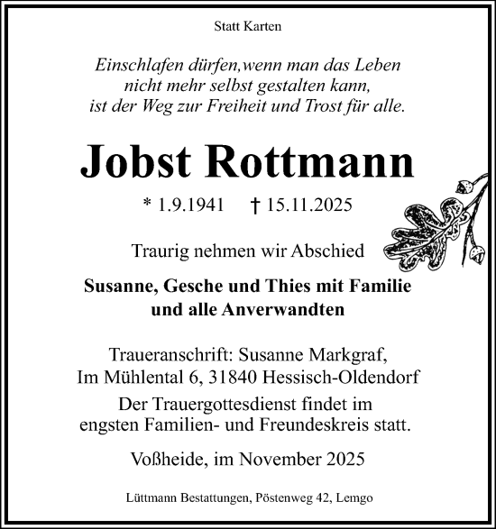 Anzeige  Jobst Rottmann  Lippische Landes-Zeitung
