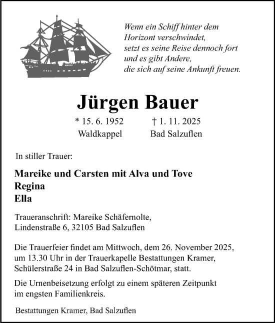 Anzeige  Jürgen Bauer  Lippische Landes-Zeitung
