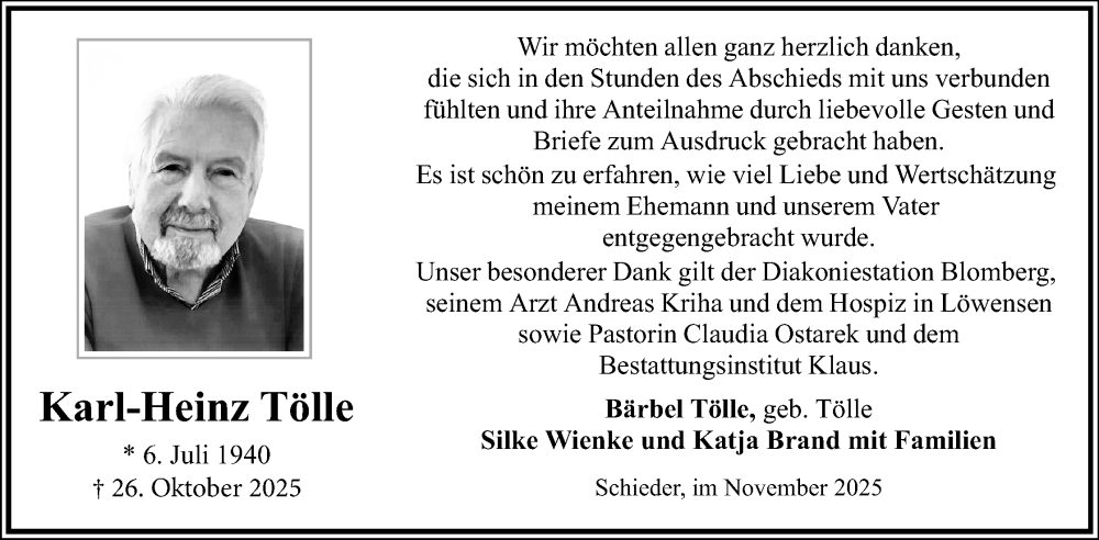  Traueranzeige für Karl-Heinz Tölle vom 29.11.2025 aus Lippische Landes-Zeitung