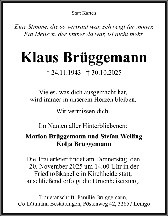 Anzeige  Klaus Brüggemann  Lippische Landes-Zeitung