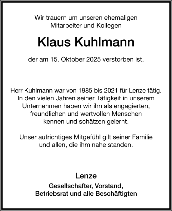 Anzeige  Klaus Kuhlmann  Lippische Landes-Zeitung