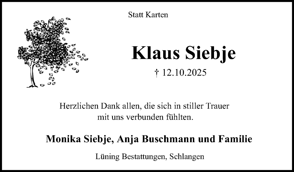  Traueranzeige für Klaus Siebje vom 08.11.2025 aus Lippische Landes-Zeitung