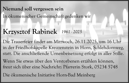 Anzeige  Krzysztof Rabinek  Lippische Landes-Zeitung