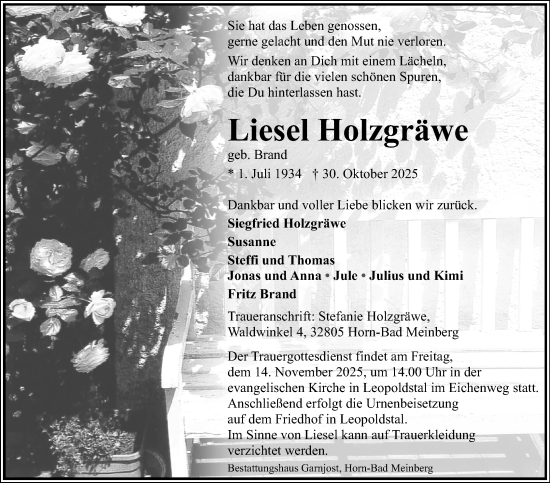 Anzeige  Liesel Holzgräwe  Lippische Landes-Zeitung