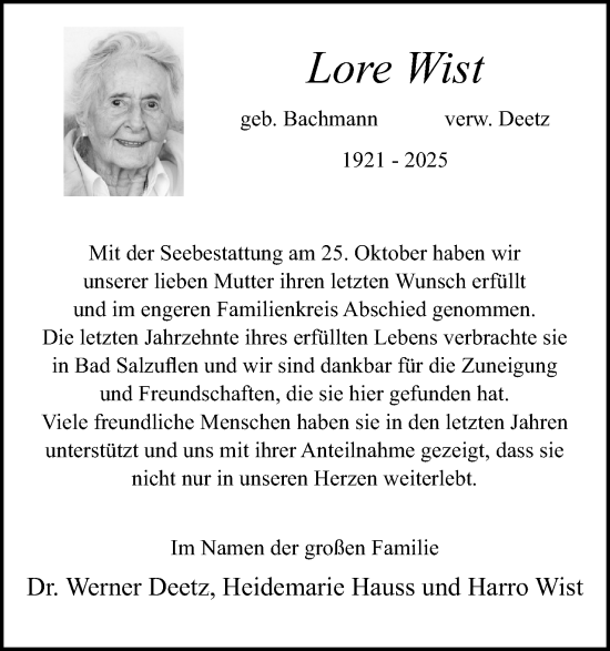 Anzeige  Lore Wist  Lippische Landes-Zeitung