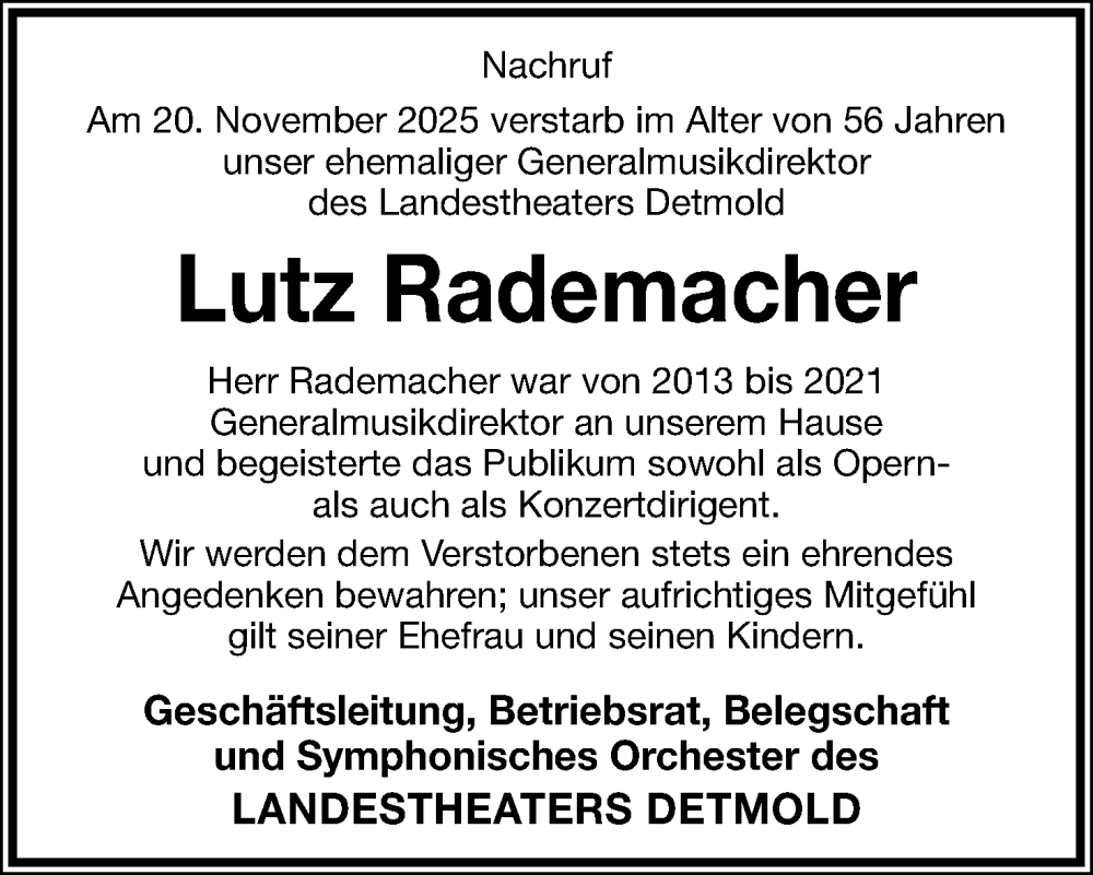  Traueranzeige für Lutz Rademacher vom 22.11.2025 aus Lippische Landes-Zeitung