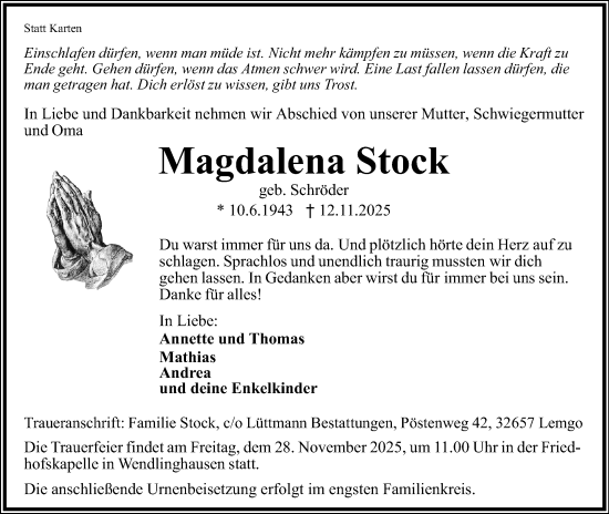 Anzeige  Magdalena Stock  Lippische Landes-Zeitung