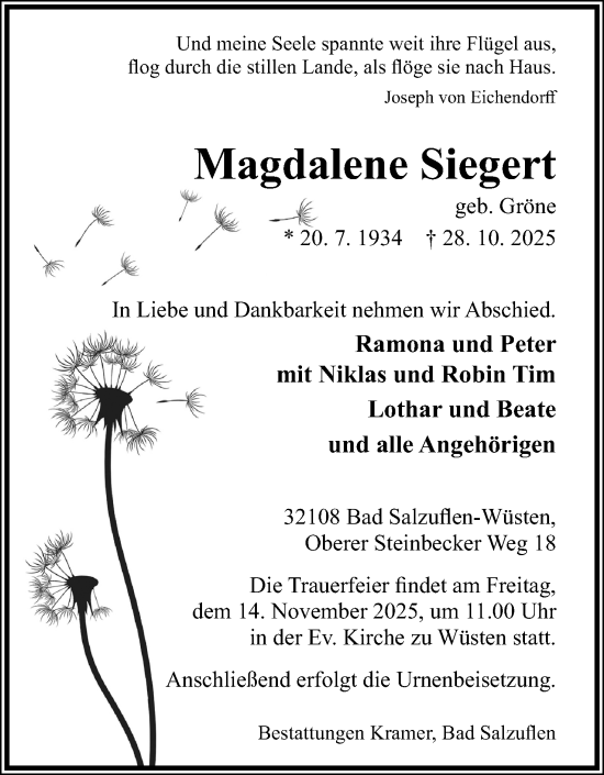 Anzeige  Magdalene Siegert  Lippische Landes-Zeitung